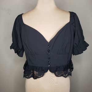 SHEIN Curve Lace Trim Button Down Puff Sleeve Crop Top Black 0XL